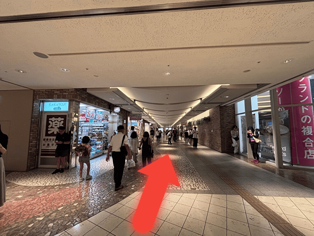 直進していくと円形広場があります。「KOKUMINドラッグ」と「DTタワー(ダイソー)」の間の通路を直進していきます。